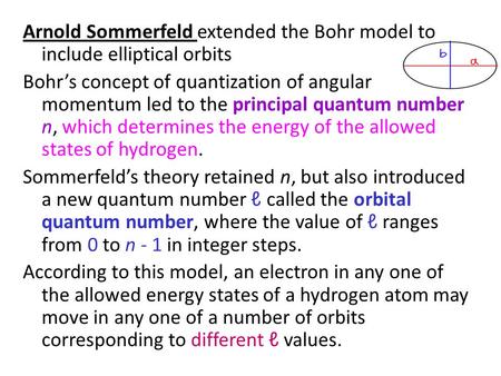 Arnold Sommerfeld extended the Bohr model to include elliptical orbits Bohr’s concept of quantization of angular momentum led to the principal quantum.