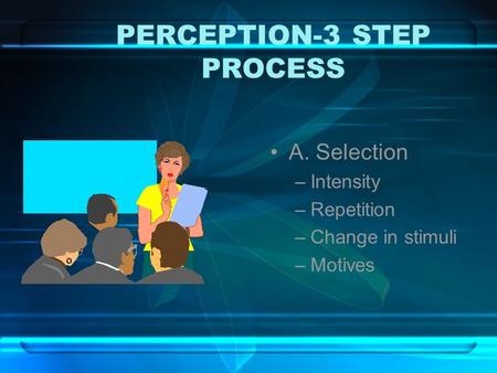 PERCEPTION-3 STEP PROCESS A. Selection –Intensity –Repetition –Change in stimuli –Motives.