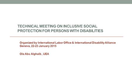 TECHNICAL MEETING ON INCLUSIVE SOCIAL PROTECTION FOR PERSONS WITH DISABILITIES Organized by International Labor Office & International Disability Alliance.