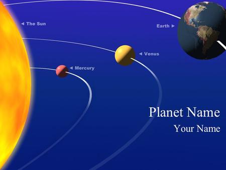 Planet Name Your Name. Place in the Solar System The planet ________, is the ________ planet from the Sun, located on average __________ million miles.