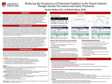 Reducing the Occurrence of Pedestrian Fatalities in the Transit Industry Though Suicide Prevention and Safety Promotion Keaton Zucker, M.S., & Patrick.