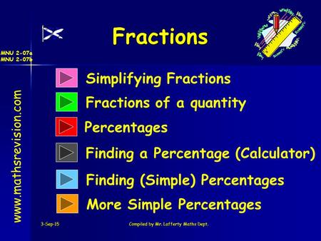 3-Sep-15Compiled by Mr. Lafferty Maths Dept. Fractions www.mathsrevision.com Simplifying Fractions Fractions of a quantity Finding a Percentage (Calculator)