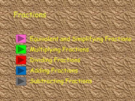 Equivalent and Simplifying Fractions Adding Fractions Multiplying Fractions Fractions Dividing Fractions Subtracting Fractions.