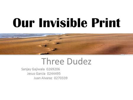Our Invisible Print Three Dudez Sanjay Gajiwala 0269206 Jesus Garcia 0244495 Juan Alvaraz 0270339.