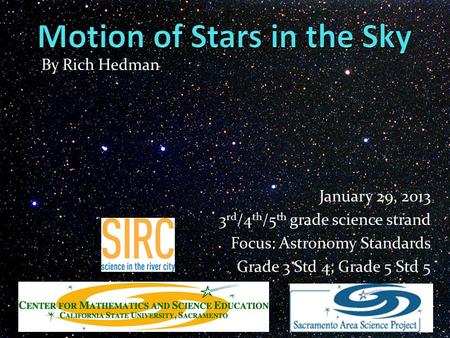 January 29, 2013 3 rd /4 th /5 th grade science strand Focus: Astronomy Standards Grade 3 Std 4; Grade 5 Std 5 By Rich Hedman.