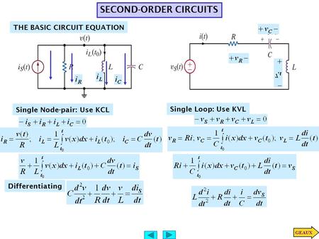 SECOND-ORDER CIRCUITS THE BASIC CIRCUIT EQUATION Single Node-pair: Use KCL Differentiating Single Loop: Use KVL.