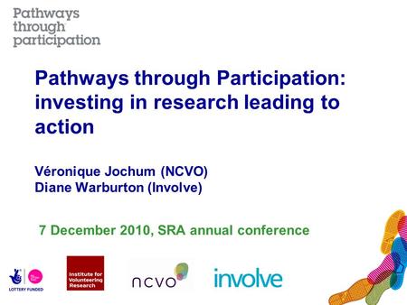 Pathways through Participation: investing in research leading to action Véronique Jochum (NCVO) Diane Warburton (Involve) 7 December 2010, SRA annual conference.
