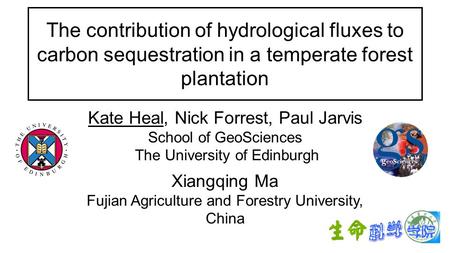 The contribution of hydrological fluxes to carbon sequestration in a temperate forest plantation Kate Heal, Nick Forrest, Paul Jarvis School of GeoSciences.