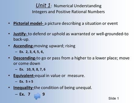 Unit 1: Numerical Understanding Integers and Positive Rational Numbers