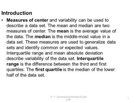 4.1.1: Summarizing Numerical Data Sets