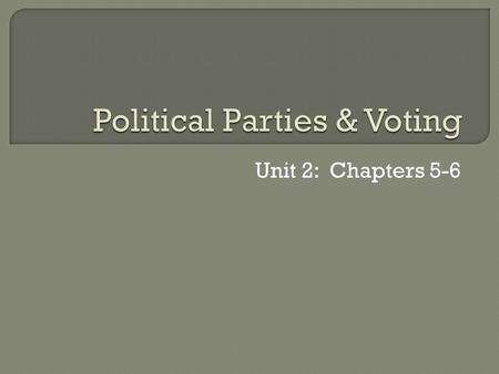 Unit 2: Chapters 5-6.  A political party is a group of people who seek to control government by winning elections and holding office  Platform: Formal.