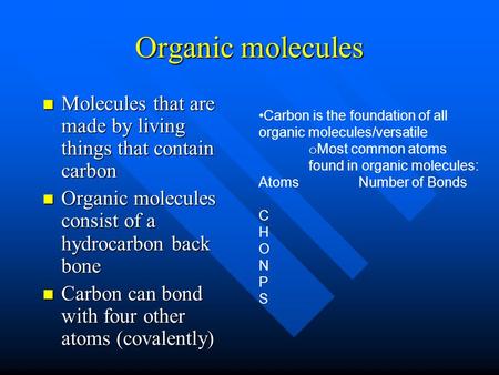 Organic molecules Molecules that are made by living things that contain carbon Organic molecules consist of a hydrocarbon back bone Carbon can bond with.