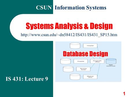 1 Systems Analysis & Design IS 431: Lecture 9  CSUN Information Systems Database Design.