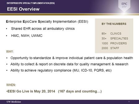 Click To Edit Master Title Style ENTERPRISE EPIC SPECIALTY IMPLEMENTATION (EESI) 1 UW Medicine EESI Overview Enterprise EpicCare Specialty Implementation.