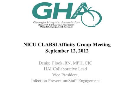 NICU CLABSI Affinity Group Meeting September 12, 2012 Denise Flook, RN, MPH, CIC HAI Collaborative Lead Vice President, Infection Prevention/Staff Engagement.