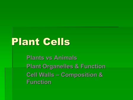 Plant Cells Plants vs Animals Plant Organelles & Function Cell Walls – Composition & Function.