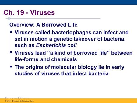 Regents Biology Ch. 19 - Viruses Overview: A Borrowed Life  Viruses called bacteriophages can infect and set in motion a genetic takeover of bacteria,