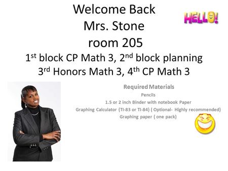 Welcome Back Mrs. Stone room 205 1 st block CP Math 3, 2 nd block planning 3 rd Honors Math 3, 4 th CP Math 3 Required Materials Pencils 1.5 or 2 inch.