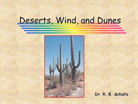 Deserts, Wind, and Dunes Dr. R. B. Schultz. Deserts and Wind Action (Aeolian Processes) Desert -- arid land with less than 250 mm (10 inches) precipitation.