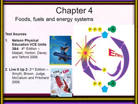 Chapter 4 Foods, fuels and energy systems VCE Physical Education - Unit 3 Text Sources 1.Nelson Physical Education VCE Units 3&4: 4 th Edition – Malpeli,