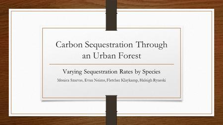 Carbon Sequestration Through an Urban Forest Varying Sequestration Rates by Species Monica Szarvas, Evan Neims, Fletcher Klaykamp, Haleigh Ryneski.