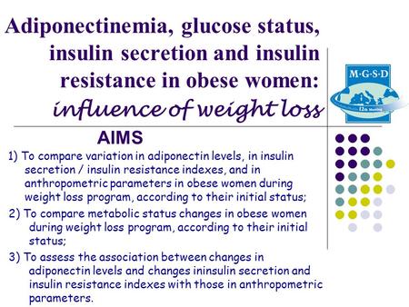 Adiponectinemia, glucose status, insulin secretion and insulin resistance in obese women: influence of weight loss 1) To compare variation in adiponectin.