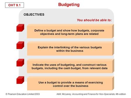 © Pearson Education Limited 2003 Atrill, McLaney: Accounting and Finance for Non-Specialists, 4th edition OHT 9.1 Budgeting OBJECTIVES You should be able.