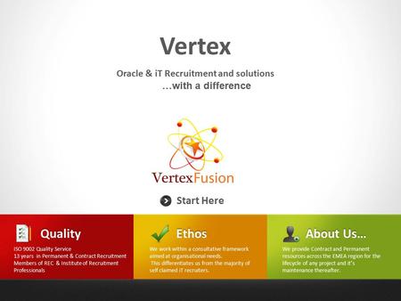 Vertex Start Here Oracle & iT Recruitment and solutions …with a differenceEthos We work within a consultative framework aimed at organisational needs.