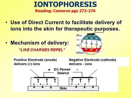 IONTOPHORESIS Reading: Cameron pgs 272-276 Use of Direct Current to facilitate delivery of ions into the skin for therapeutic purposes.Use of Direct Current.