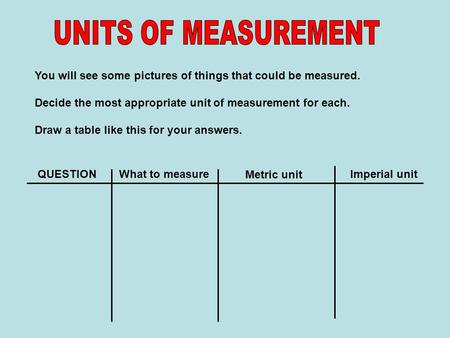 You will see some pictures of things that could be measured. Decide the most appropriate unit of measurement for each. Draw a table like this for your.