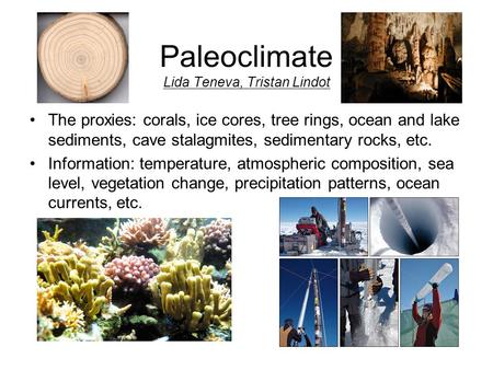 Paleoclimate Lida Teneva, Tristan Lindot The proxies: corals, ice cores, tree rings, ocean and lake sediments, cave stalagmites, sedimentary rocks, etc.