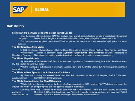 SAP History From Start-Up Software Vendor to Global Market Leader Over the course of three decades, SAP has evolved from a small, regional enterprise into.