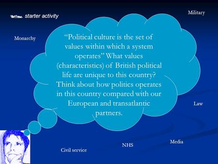  starter activity “Political culture is the set of values within which a system operates” What values (characteristics) of British political life are.