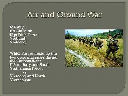 Air and Ground War Identify: Ho Chi Minh Ngo Dinh Diem Vietminh