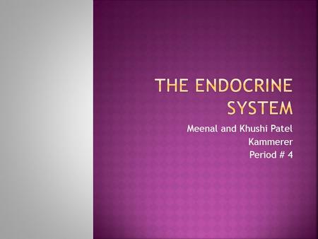 Meenal and Khushi Patel Kammerer Period # 4.  The endocrine system is made up of glands that produce and secrete hormones, chemical substances produced.