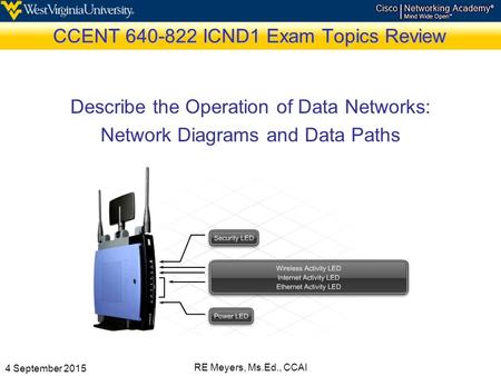 4 September 2015 RE Meyers, Ms.Ed., CCAI CCENT 640-822 ICND1 Exam Topics Review Describe the Operation of Data Networks: Network Diagrams and Data Paths.