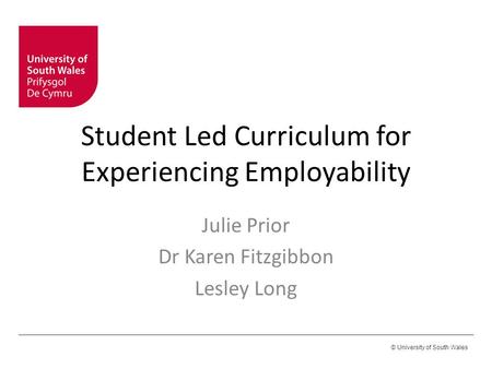 © University of South Wales Student Led Curriculum for Experiencing Employability Julie Prior Dr Karen Fitzgibbon Lesley Long.