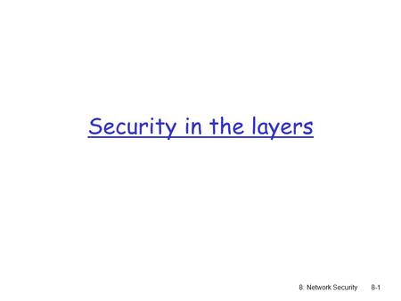 8: Network Security8-1 Security in the layers. 8: Network Security8-2 Secure sockets layer (SSL) r Transport layer security to any TCP- based app using.