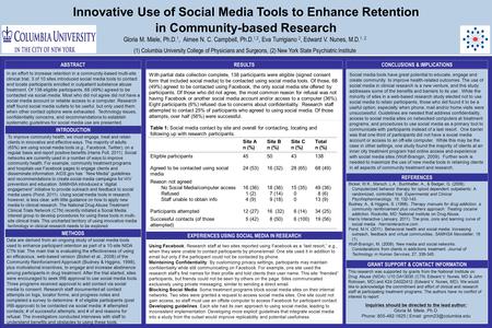Innovative Use of Social Media Tools to Enhance Retention in Community-based Research Gloria M. Miele, Ph.D. 1, Aimee N. C. Campbell, Ph.D. 1,2, Eva Turrigiano.