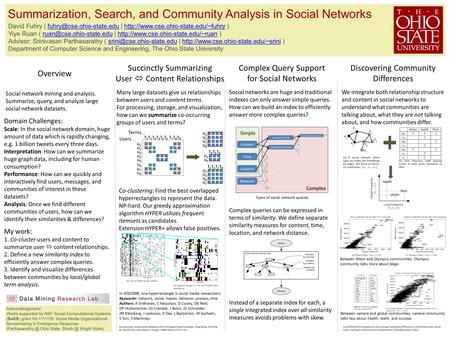 My work: 1. Co-cluster users and content to summarize user  content relationships. 2. Define a new similarity index to efficiently answer complex queries.