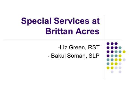 Special Services at Brittan Acres -Liz Green, RST - Bakul Soman, SLP.