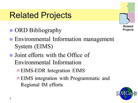 SIMCorBSIMCorB 1 Related Projects n ORD Bibliography n Environmental Information management System (EIMS) n Joint efforts with the Office of Environmental.