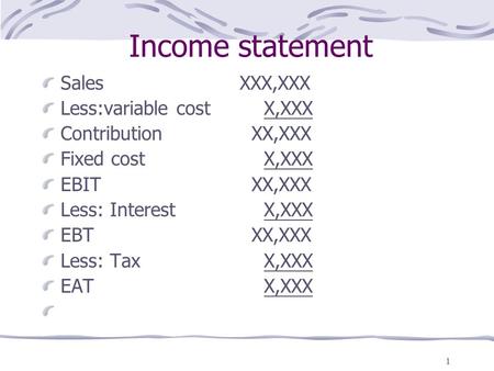 Income statement Sales XXX,XXX Less:variable cost X,XXX