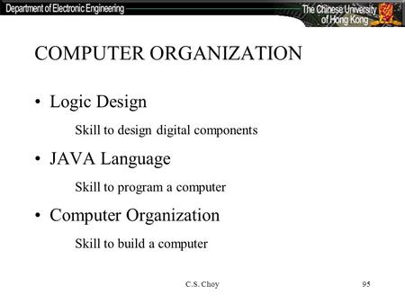 C.S. Choy95 COMPUTER ORGANIZATION Logic Design Skill to design digital components JAVA Language Skill to program a computer Computer Organization Skill.
