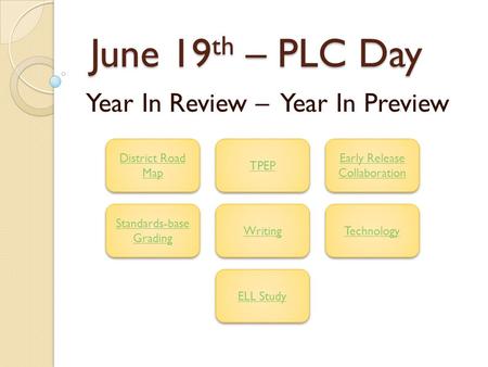 June 19 th – PLC Day June 19 th – PLC Day Year In Review – Year In Preview District Road Map District Road Map TPEP Early Release Collaboration Early Release.