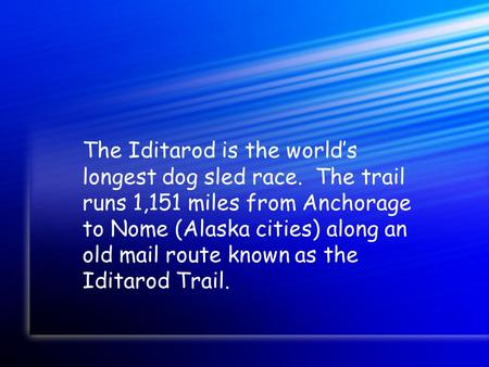 The Iditarod is the world’s longest dog sled race. The trail runs 1,151 miles from Anchorage to Nome (Alaska cities) along an old mail route known as the.
