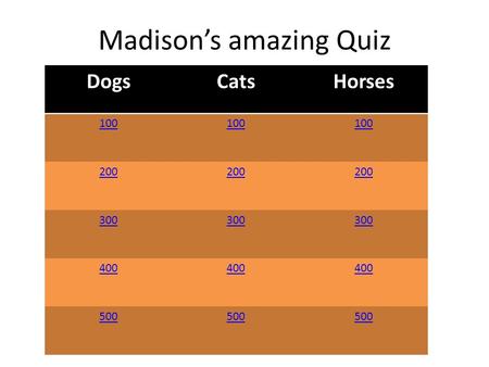 Madison’s amazing Quiz DogsCatsHorses 100 200 300 400 500.