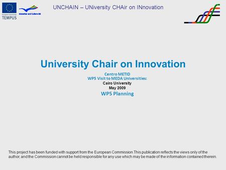 UNCHAIN – UNiversity CHAir on INnovation University Chair on Innovation Centro METID WP5 Visit to MEDA Universities: Cairo University May 2009 WP5 Planning.