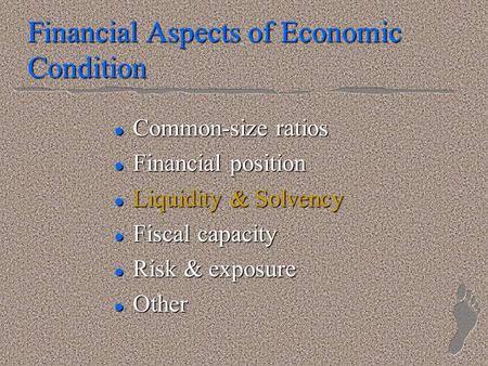 Financial Aspects of Economic Condition l Common-size ratios l Financial position l Liquidity & Solvency l Fiscal capacity l Risk & exposure l Other.
