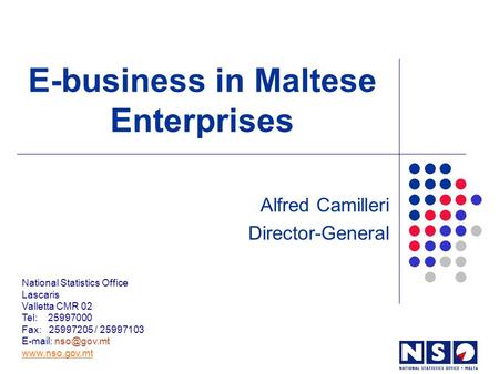 E-business in Maltese Enterprises Alfred Camilleri Director-General National Statistics Office Lascaris Valletta CMR 02 Tel: 25997000 Fax: 25997205 / 25997103.